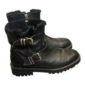 Zara Leather Biker Ankle Boot Black Moto Buckle Chunky Fur Lined Size 9